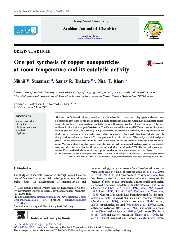 (PDF) One pot synthesis of copper nanoparticles at room temperature and ...