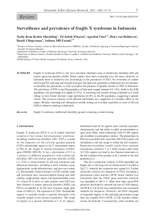 (PDF) Surveillance and prevalence of fragile X syndrome in Indonesia