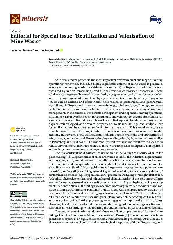 (PDF) Editorial for Special Issue “Reutilization and Valorization of ...