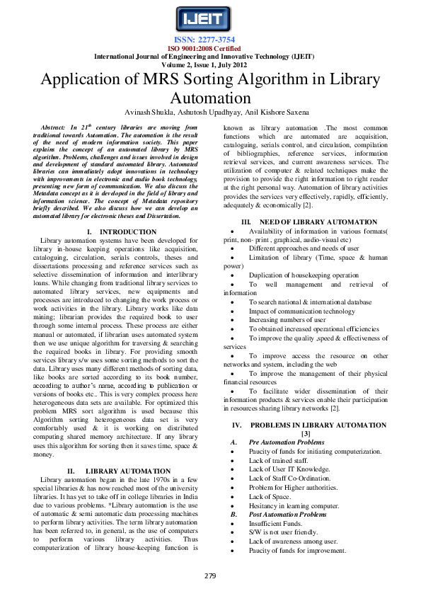 (PDF) Application of MRS Sorting Algorithm in Library Automation
