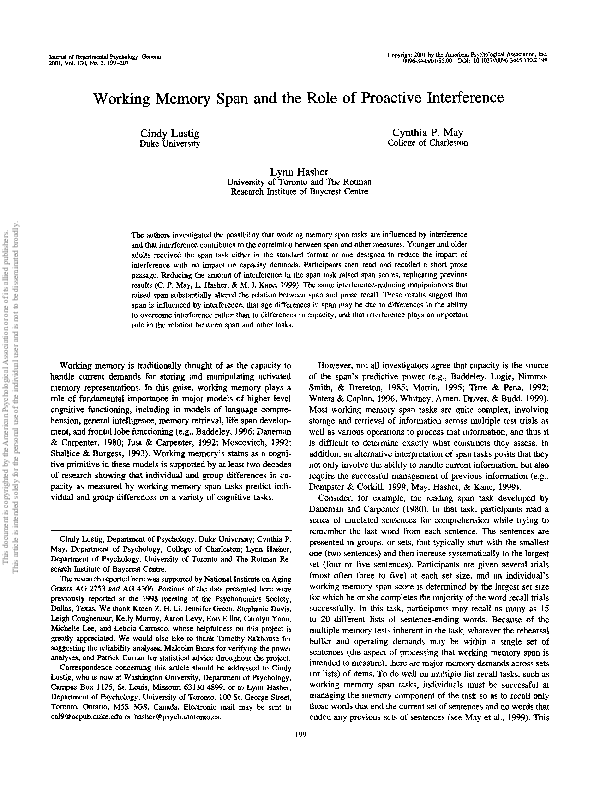 (PDF) Working memory span and the role of proactive interference