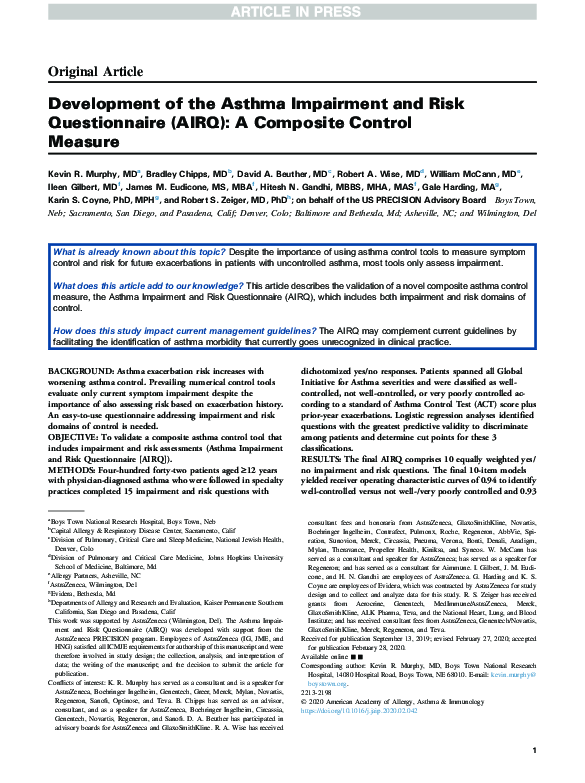 (PDF) Development of the Asthma Impairment and Risk Questionnaire (AIRQ ...