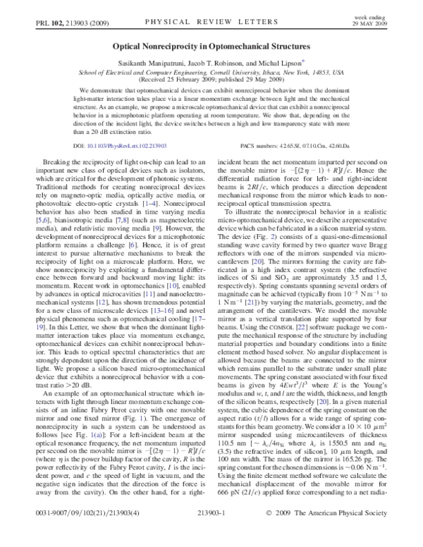 (PDF) Optical Nonreciprocity in Optomechanical Structures