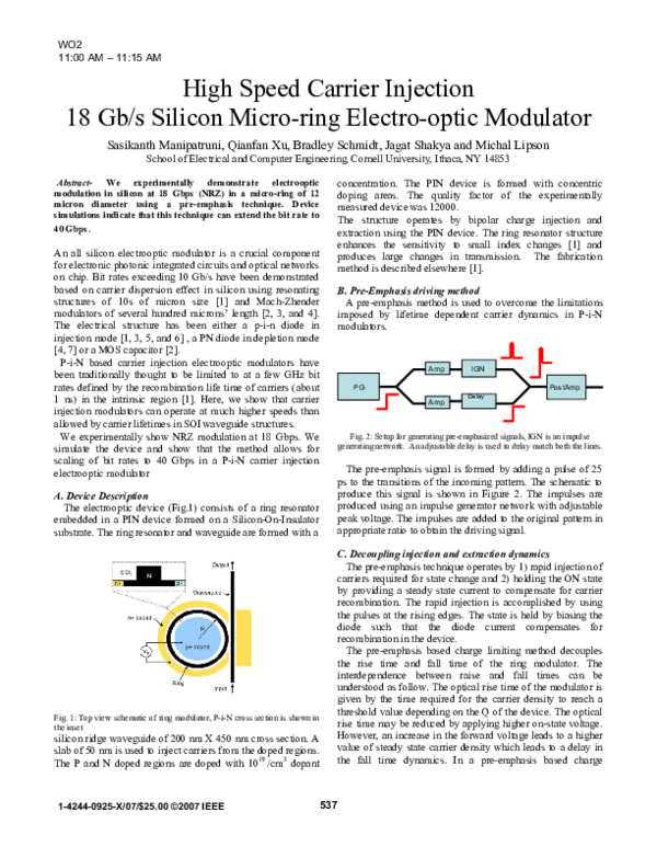 (PDF) High Speed Carrier Injection 18 Gb/s Silicon Micro-ring Electro ...