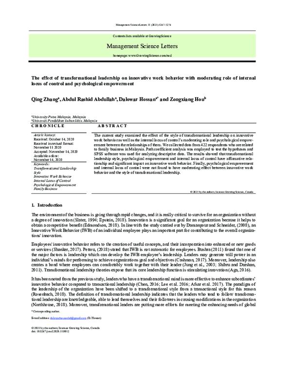 (PDF) The effect of transformational leadership on innovative work ...