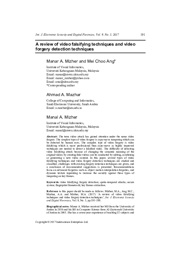 (PDF) A review of video falsifying techniques and video forgery ...