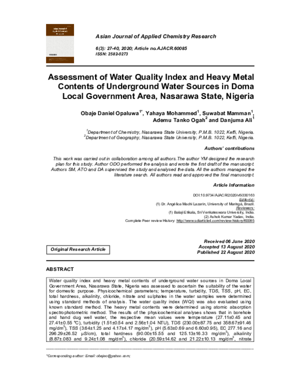 (PDF) Assessment of Water Quality Index and Heavy Metal Contents of ...