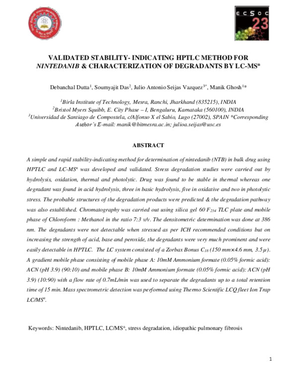 (PDF) VALIDATED STABILITY- INDICATING HPTLC METHOD FOR NINTEDANIB ...