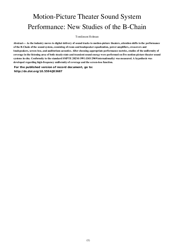 (PDF) Motion-Picture Theater Sound System Performance: New Studies of ...