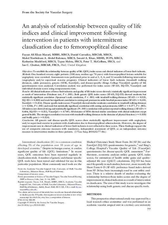 (PDF) An analysis of relationship between quality of life indices and ...