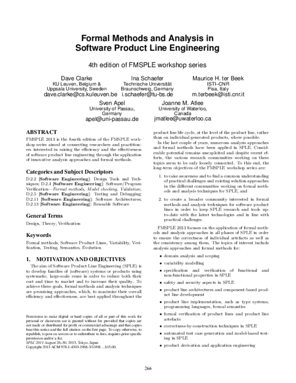 (PDF) Formal methods and analysis in software product line engineering
