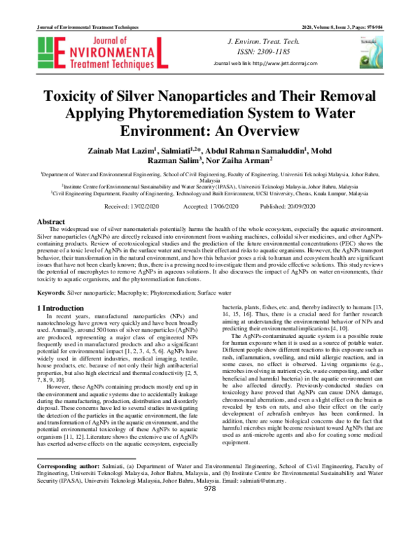 (PDF) Toxicity of Silver Nanoparticles and Their Removal Applying ...