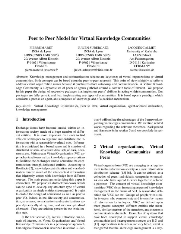 (PDF) Peer to peer model for virtual knowledge communities
