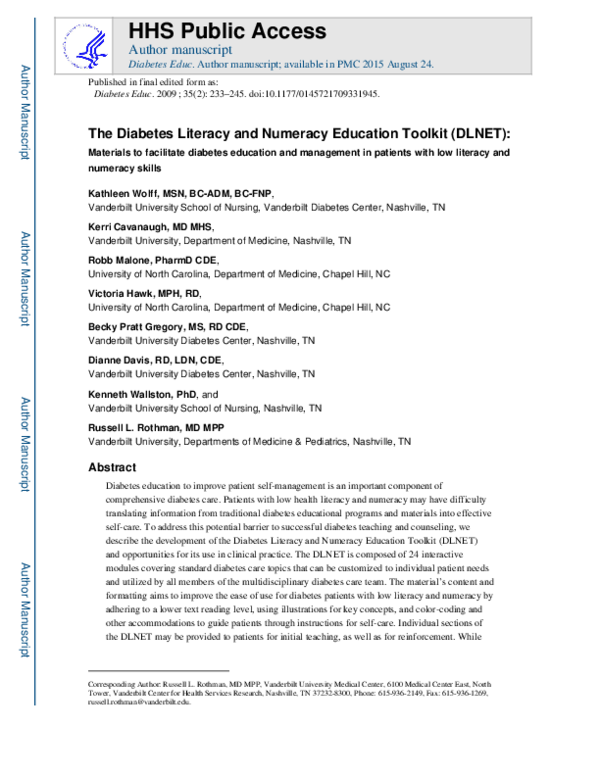 (PDF) The Diabetes Literacy and Numeracy Education Toolkit (DLNET)