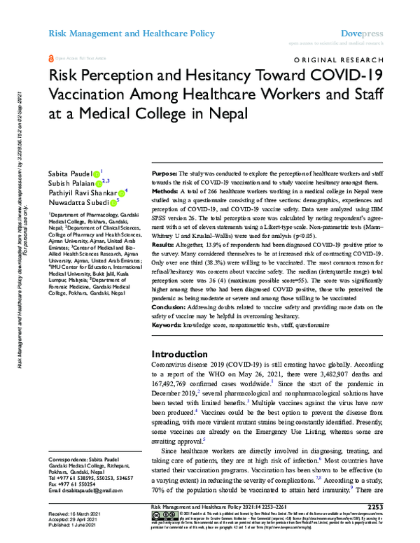 (PDF) Risk Perception and Hesitancy Toward COVID-19 Vaccination Among ...