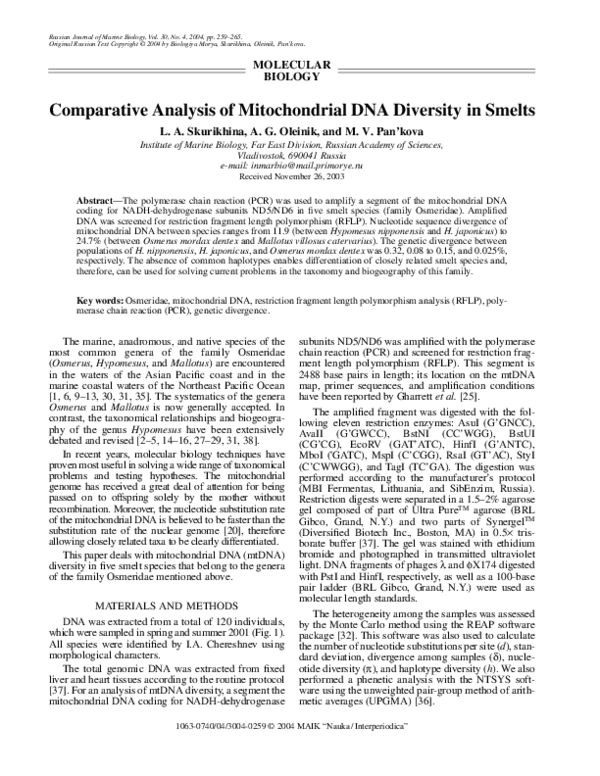 (PDF) Comparative Analysis of Mitochondrial DNA Diversity in Smelts