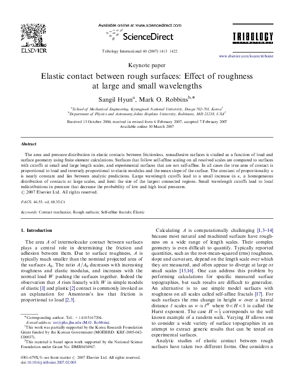 (PDF) Elastic contact between rough surfaces: Effect of roughness at ...