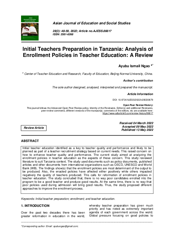(PDF) Initial Teachers Preparation in Tanzania: Analysis of Enrollment ...