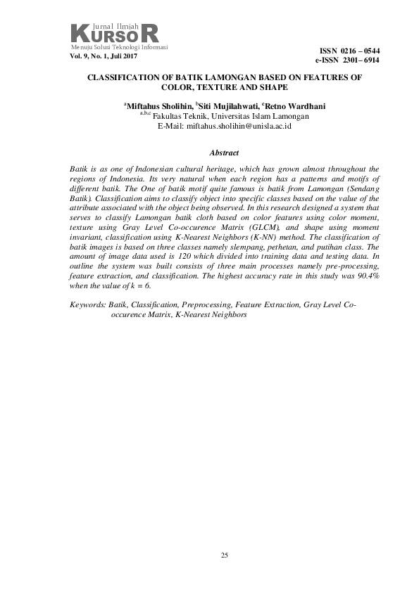 (PDF) Classification of Batik Lamongan Based on Features of Color ...