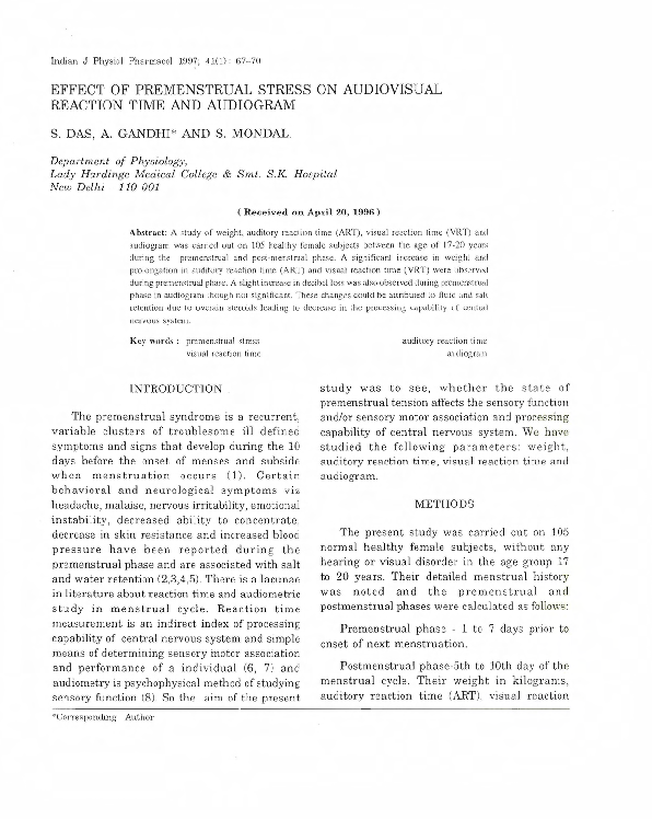 (PDF) Effect of premenstrual stress on audiovisual reaction time and ...