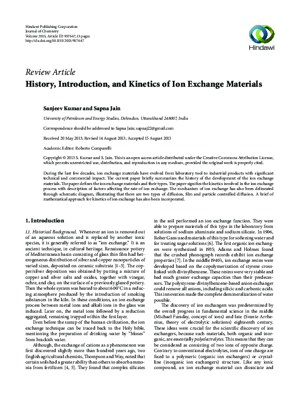 (PDF) History, Introduction, and Kinetics of Ion Exchange Materials