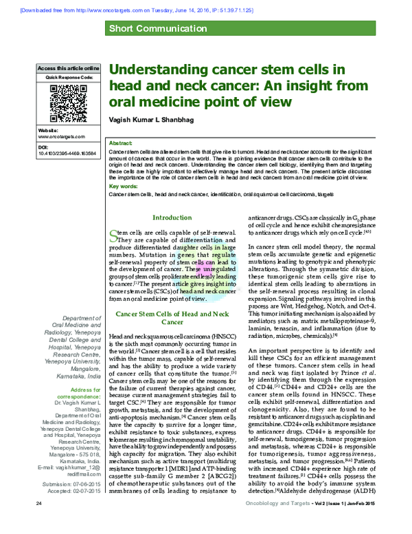 (PDF) Understanding cancer stem cells in head and neck cancer: An ...