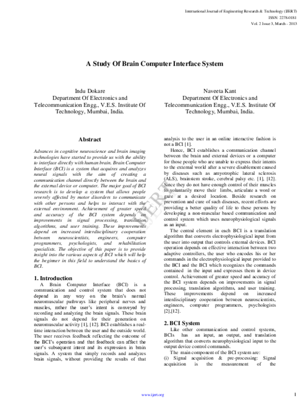 (PDF) A Study Of Brain Computer Interface System