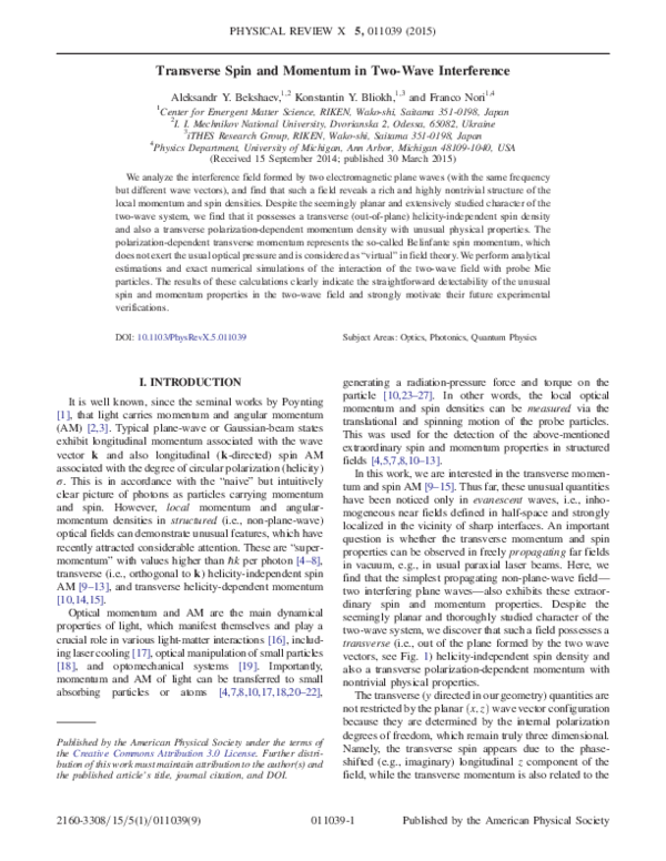 (PDF) Transverse Spin and Momentum in Two-Wave Interference