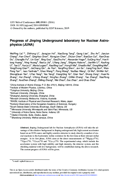 (PDF) Progress of Jinping Underground laboratory for Nuclear ...