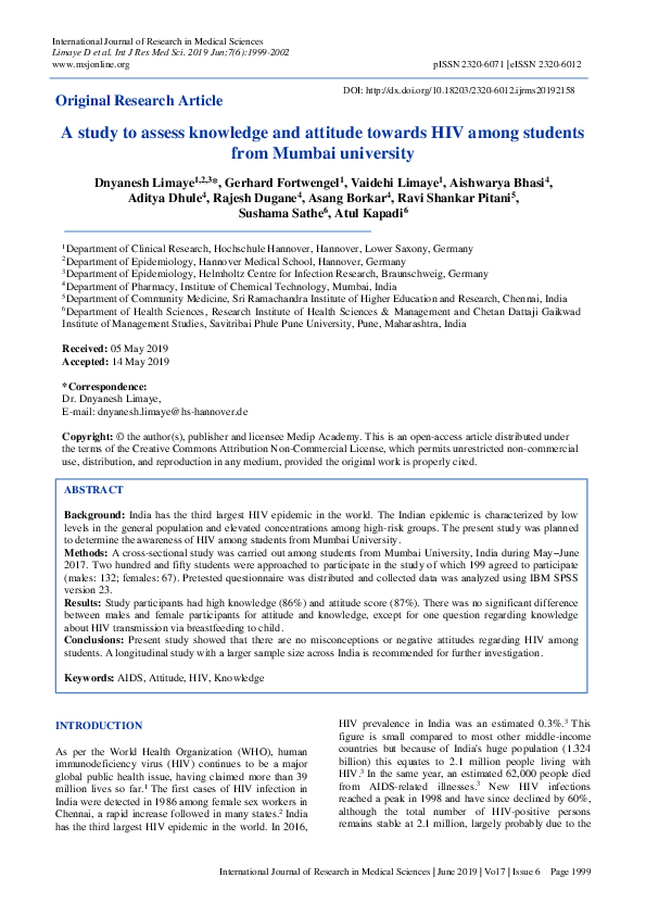 (PDF) A study to assess knowledge and attitude towards HIV among ...