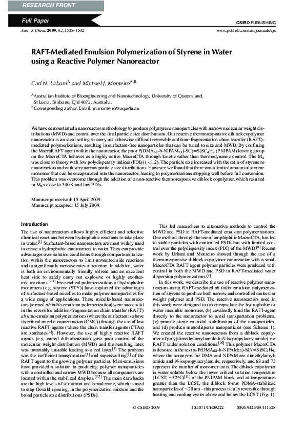(PDF) RAFT-Mediated Emulsion Polymerization of Styrene using a Non ...