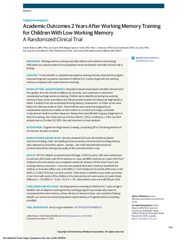 (PDF) Academic Outcomes 2 Years After Working Memory Training for ...