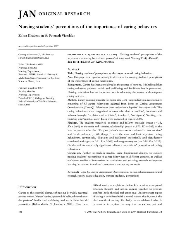(PDF) Nursing students’ perceptions of the importance of caring behaviors