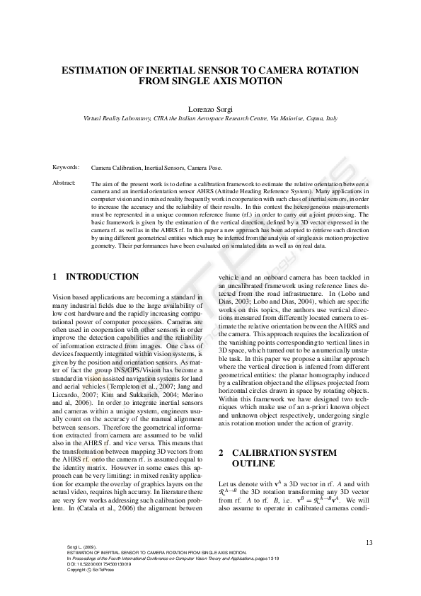 (PDF) Estimation of Inertial Sensor to Camera Rotation from Single Axis ...