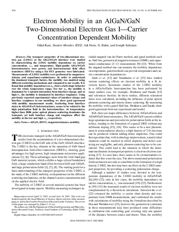 (PDF) Electron mobility in an AlGaN/GaN two-dimensional electron gas I ...