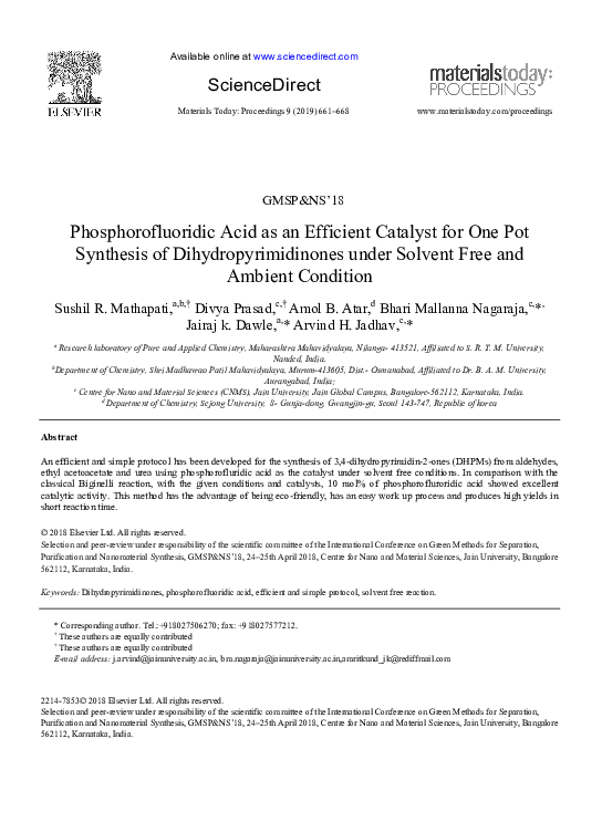 (PDF) Phosphorofluoridic Acid as an Efficient Catalyst for One Pot ...