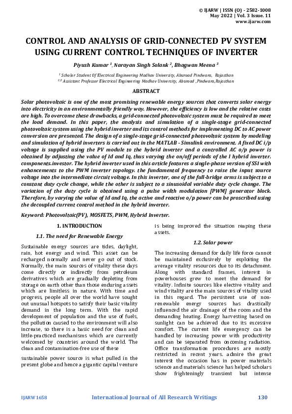 (PDF) CONTROL AND ANALYSIS OF GRID-CONNECTED PV SYSTEM USING CURRENT ...