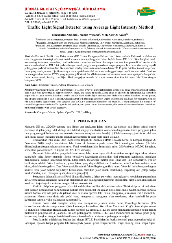 (PDF) Traffic Light Signal Detector using Average Light Intensity Method