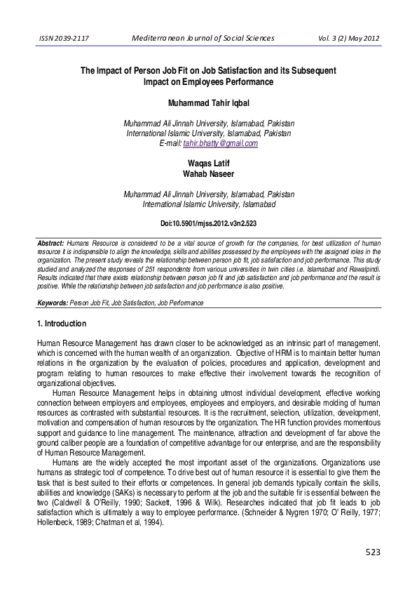 (PDF) The Impact of Person Job Fit on Job Satisfaction and its ...