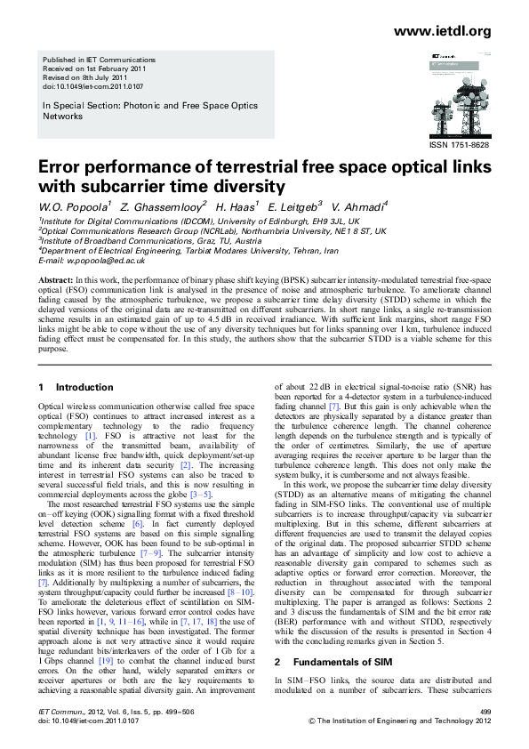 (PDF) Error performance of terrestrial free space optical links with ...