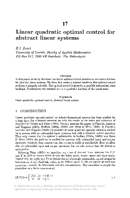 (PDF) Linear quadratic optimal control for abstract linear systems