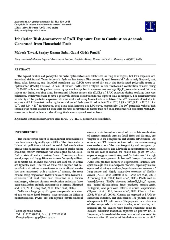 (PDF) Inhalation Risk Assessment of PAH Exposure Due to Combustion ...