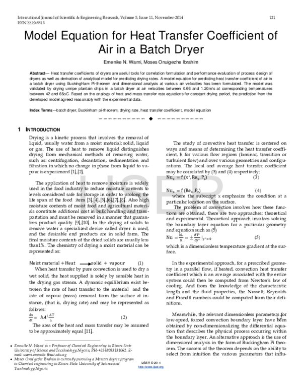(PDF) Model Equation for Heat Transfer Coefficient of Air in a Batch Dryer
