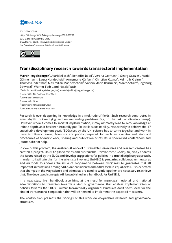 (PDF) Transdisciplinary research towards transsectoral implementation