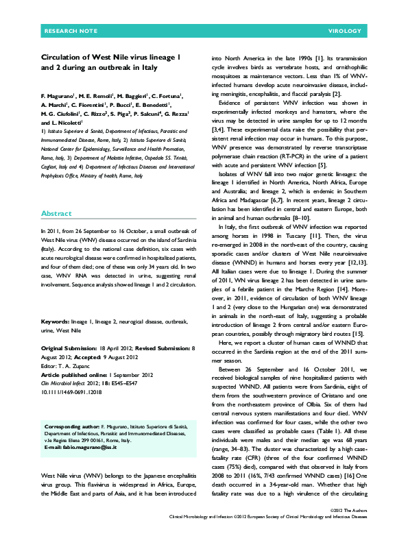 (PDF) Circulation of West Nile virus lineage 1 and 2 during an outbreak ...