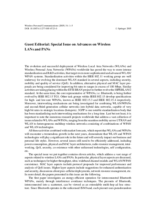 (PDF) Guest Editorial: Special Issue on Advances on Wireless LANs and PANs
