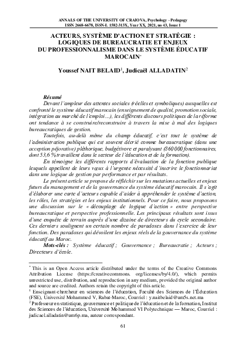Acteurs, Système D'Action et Stratégie : Logiques De Bureaucratie et Enjeux Du Professionnalisme Dans Le Système Éducatif Marocain