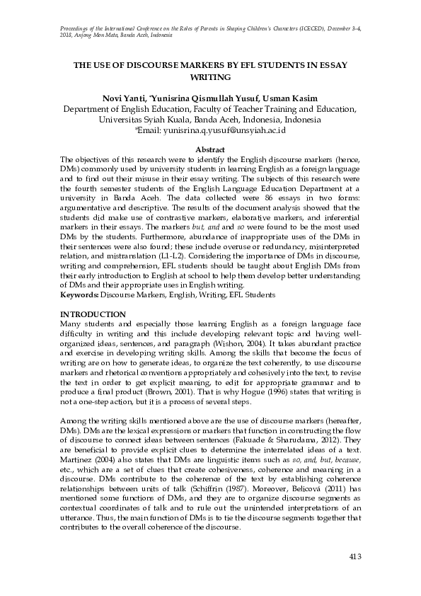 (PDF) The Use of Discourse Markers by Efl Students in Essay Writing