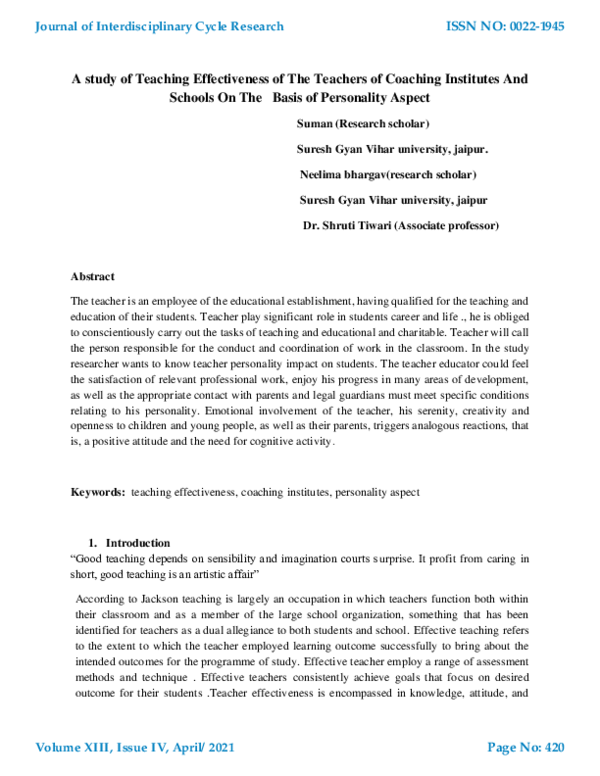 (PDF) A study of Teaching Effectiveness of The Teachers of Coaching ...
