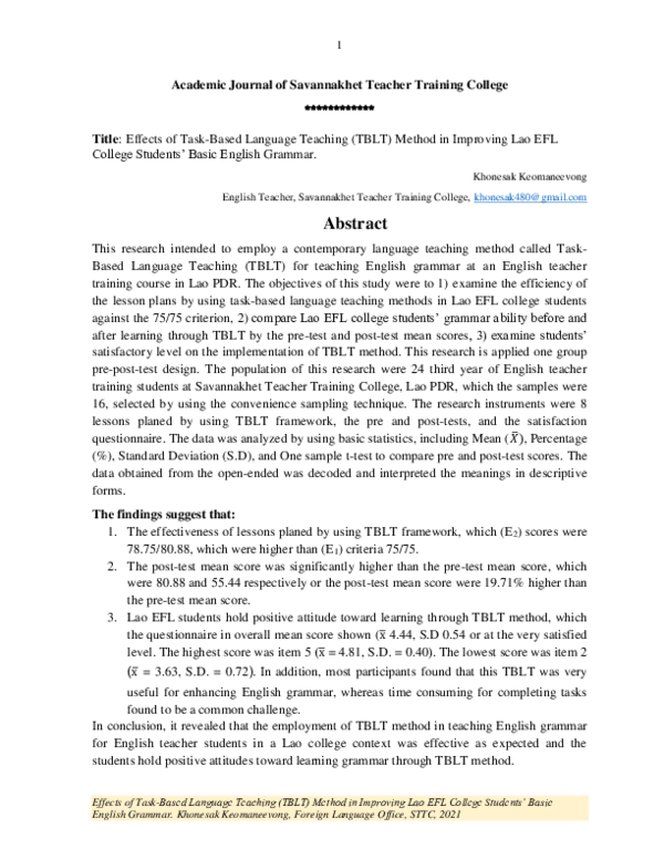 (PDF) Effects of TBLT in improving Lao College EFL Student's Grammar